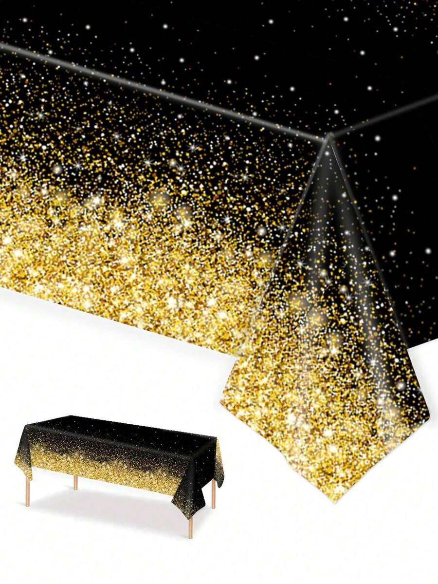 3pcs/1pc 137*274cm/54*108in Disposable Party Tablecloth, Black/Blue Ombre Glitter Pattern Tablecloth, Suitable For Various Theme Parties And Daily Decoration