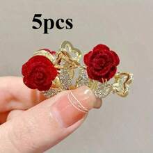 Claw Clip 2/5/10pcs Mini Red Rose Rhinestone Shiny Hair Clips, Princess Sparkling Hairpins For Bangs, Ponytail, Elegant Hair Accessories Autumn Accessories Fall Winter For Vacation Outfits Woman Flower Hair Clip