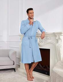 Mens Robes Lightweight Waffle Knit Kimono Bathrobe Long Sleeve Sleepwear Soft Knee Length Robe With Pockets S-3XLhalloween - Clear Blue - View 5