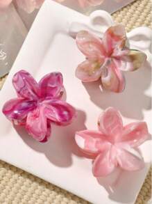 3pcs/6pcs Set Summer Marble Pattern Glossy Pink Daisy Flower Sweet Cute Small Hair Claw Bangs Clip Ponytail Holder Hair Accessories