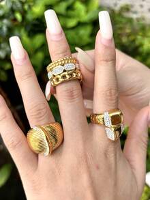 1pc Fashionable Exaggerated Stainless Steel Rhinestone Ring, Women's Stainless Steel Ring, Daily Accessory - Gold - View 12