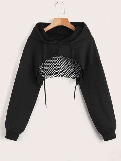 Women's Fashion Sporty Cropped Mesh Patchwork Loose Hoodie, Breathable Solid Color