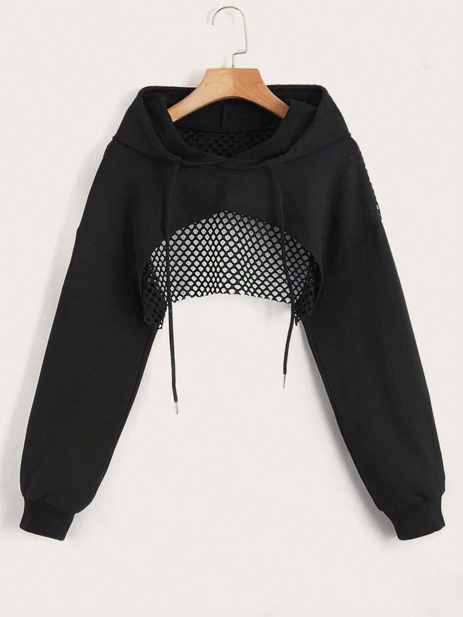 Áo hoodie nữ dáng ngắn thể thao phối lưới, thoáng khí, màu đen trơn, phong cách thường ngày, thích hợp cho mùa hè. - màu đen - Xem 1
