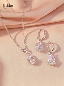 Hihho 3pcs/Set Stainless Steel Chain Necklace, Women Jewelry Transparent White Zirconia Inlaid Water Drop Pendant Necklace And Earrings, Fashionable Minimalist Water Drop Design, Suitable For Daily Wear, Holiday And Date Gift - Silver - View 5