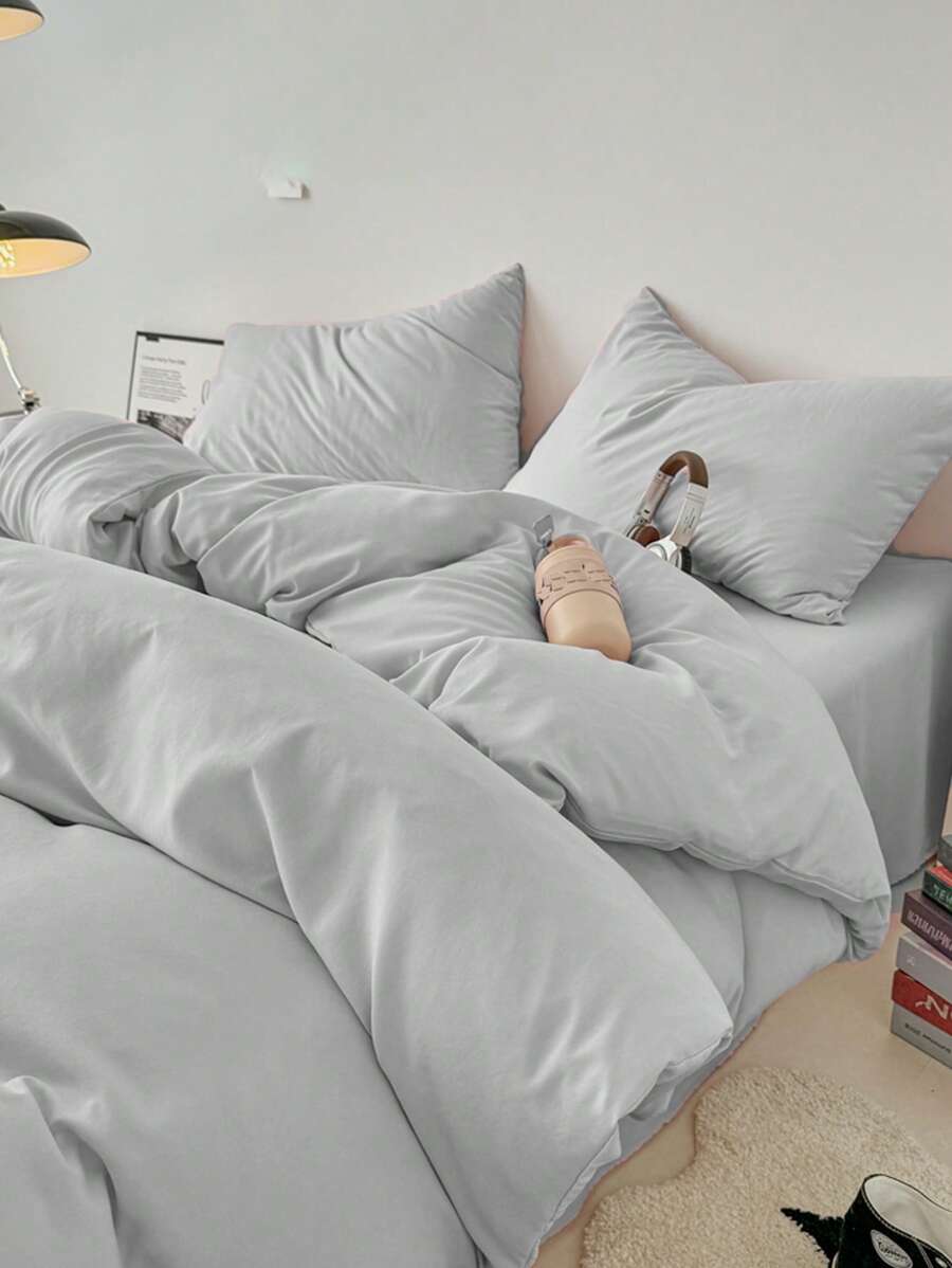 1 套柔软透气的灰色床上用品（1 个羽绒被套 + 2 个枕套），可机洗，适合所有季节 - 淺灰色 - 查看 1