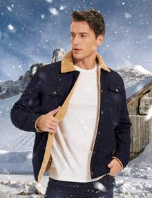 Men's Winter Jacket Lined Sherpa Jacket Warm Trucker Coat Multi Pocket - Màu xanh hải quân - Xem 3