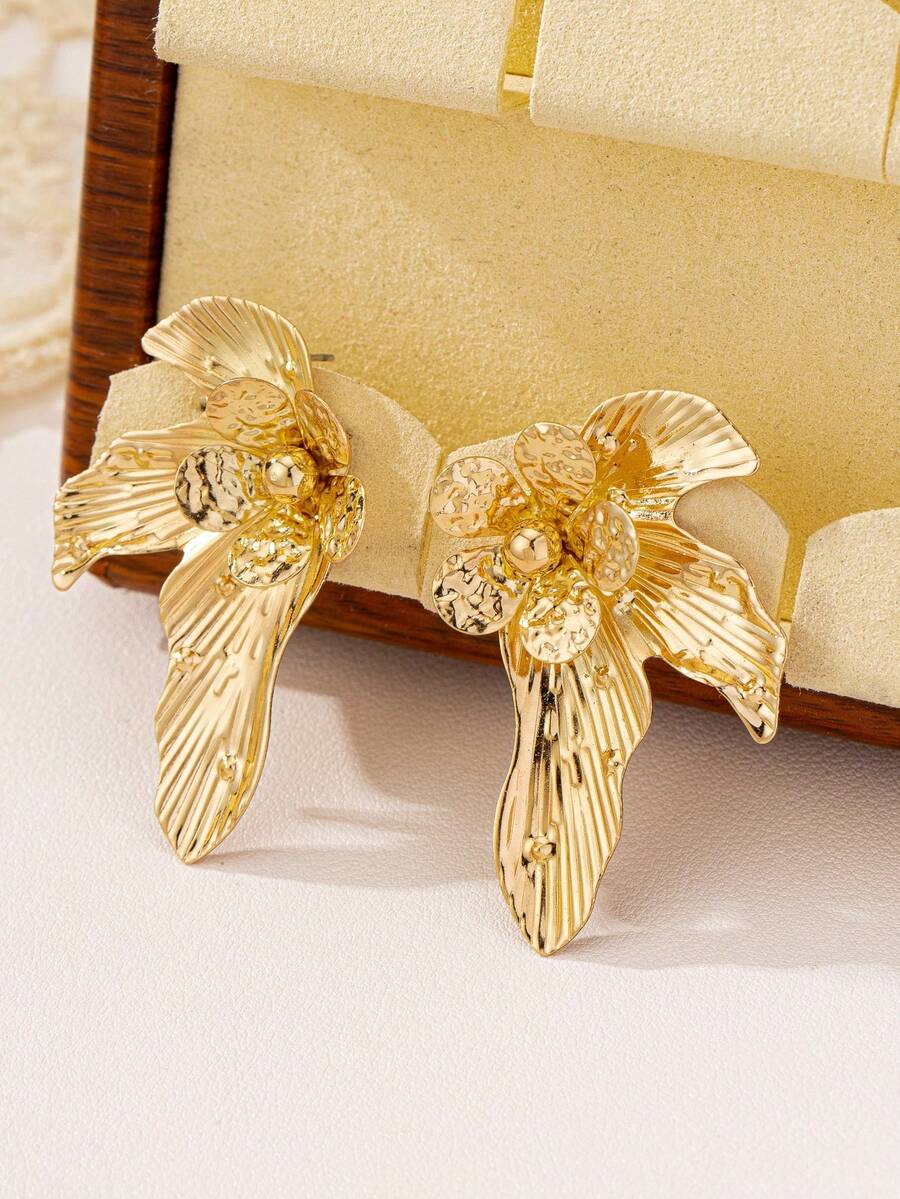 一对休闲优雅简约几何花卉耳钉 - 金黃色 - 查看 1