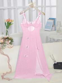 Women's 2-Piece Seductive Semi-Sheer Soft Mesh Slit Dress With Delicate Bow Halter And Butterfly Embellishment Detail, Cool Material, Perfect For Summer Holiday Lingerie And Dresses - 粉色 - 查看 2