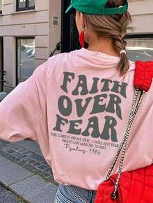 180g Faith Over Fear Christian Graphic-Shirt |   Women's Casual Vacation Bible Verse Tee |   Summer Round Neck Short Sleeve Top Summer-Shirt Women Casual Loose Top Letter Print Tee - 粉色 - 查看 7