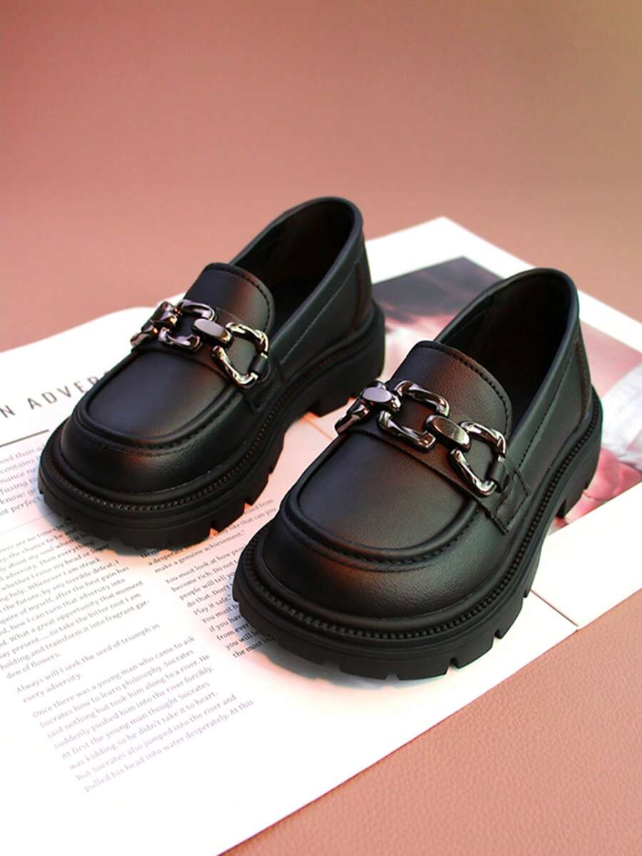 1 Pair Kids Slip-On Loafers, Leather Upper, Casual Shoes For Boys And Girls, Black Color, Suitable For Teenagers And Children, Low-Top, Comfortable Round Toe Design, Great For Casual Outfits And Daily Wear - Black - View 1