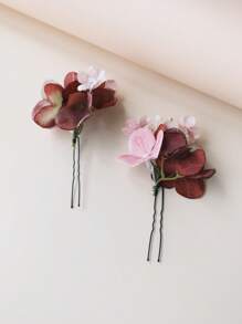 2个紫色人造花优雅新娘发夹，适合婚礼、派对、生日、摄影、度假、情人节等场合佩戴 - 酒紅色 - 查看 2