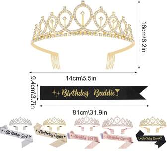 1/2 件套生日女王腰带和皇冠头饰 - 黑金和玫瑰金闪光腰带配金箔生日坏蛋腰带和皇冠，适合女士生日派对趣味派对礼品