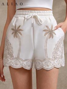 Aliao 优雅通勤刺绣腰带 A 字短裤，女士度假风短裤，优雅夏季，商务休闲，舒适短裤，白色长裤，沙滩装 - 杏色 - 查看 5
