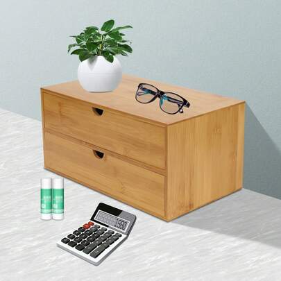 YUNRUX Mini Table Organizer Desk Box With 2 Drawers, Made Of Natural Bamboo