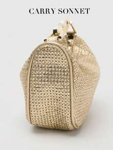 1个编织包，新款夏季设计，女士迷你斜挎拉链编织包，草编小巧休闲手提包，配金属手柄，是女士海滩、度假、假日、秋季、冬季的完美配饰，也是节日必备单品。 - 金色 - 查看 5