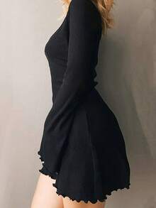 1pc Solid Color Casual Knit Fabric Frill Trim Off The Shoulder Dress, Suitable For Spring/Autumn Date Night - Black - View 6