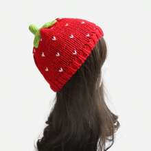 1pc Adorable Red Strawberry Design Knitted Beanie Hat For Women, Handmade Crochet Warm Cap For Autumn & Winter Daily Casual Wear Hat Valentine's Day