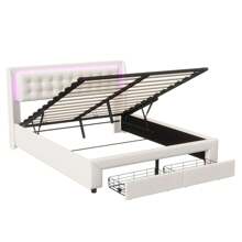 Letto matrimoniale con materasso ad aria compressa 140x190 cm, con LED, letto con contenitore e cassetti, letto contenitore con rete a doghe in legno, rete idraulica in metallo, velluto, beige