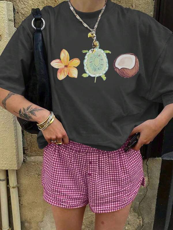 Magliette casual e morbide da donna con stampe floreali, frutta, cocco, animali, tartarughe, girocollo, maniche corte, adatte come regalo di compleanno per la primavera e l'estate