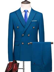 Setelan Jas Pria Model Baru, Warna Polos, Potongan Slim Fit, Bahan Stretch, 2 Potong, Termasuk Jaket Kancing Ganda & Celana Panjang, Pakaian Jas Formal untuk Kerja - Teal Blue - View 2