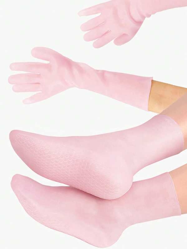 yuluan Set de 4 piezas: 1 par de calcetines de silicona premium + 1 par de guantes de silicona extra largos premium. Calcetines de máscara de silicona hidratante y exfoliante para los pies, guantes de máscara de silicona hidratante y exfoliante para las manos, guantes de silicona hidratante y blanqueadora para las manos, calcetines de silicona hidratante y blanqueadora. Conjunto de cuidado de manos y pies hidratante, suavizante y antirresquebrajamiento.