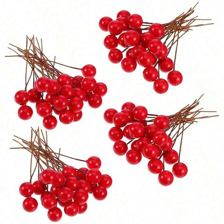Artificial Holly Berries, 100 Pieces Mini 2.75in Fake Berries Decor On Wire For Christmas Tree Decorations Flower Wreath DIY Craft Use - Red - View 1