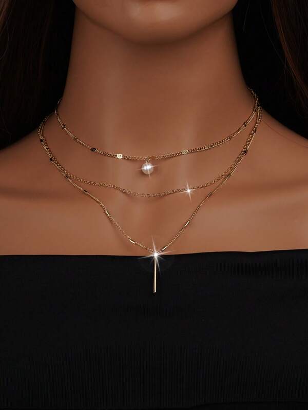 1pc Multi-Layer Fashion Minimalist Personalized Pearl Column Pendant Necklace, Unisex Suitable For Casual, Party, Daily Wear
