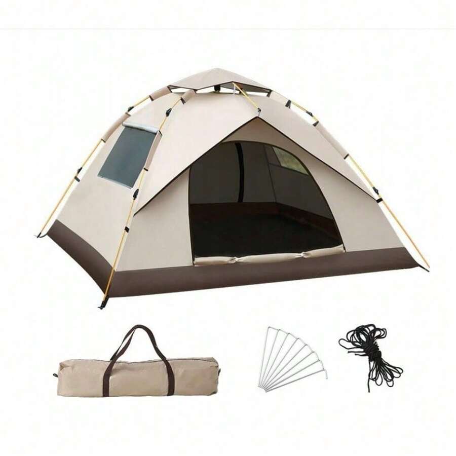 Camping Tent Automatic Opening Design With 2 Mesh Windows Dome Structure Sturdy Tent Poles UV-Proof 2-3 Person With Storage Bag - Cream - View 1
