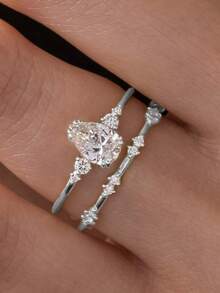 Tsnamer Set de 2 anillos con forma de pera y gota de agua brillante con circonita cúbica para mujeres y adolescentes, anillo de compromiso, propuesta, boda, uso diario, casual, fiesta, joyería de cumpleaños - anillo - Ver 18