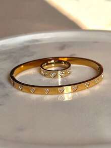 1/2pcs Stainless Steel 18K Gold Plated Heart Shaped Bracelet & Ring Set, Rhinestone Inlaid, Luxury Jewelry Wedding Accessories - Gold - View 7