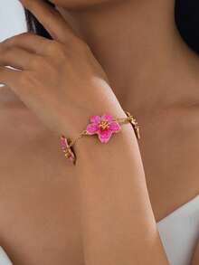 1pc Summer Vacation Style Elegant Rose Red Oil Drop Floral Design Women's Five-Leaf Flower Bracelet, Wedding Gift - Hot Pink - View 2