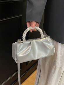 1 件绗缝按扣 PU 纯色挎包，新款时尚珍珠装饰褶皱云形甜美女孩珠光派对单肩包，配有可调节肩带，适合日常通勤、办公室、派对、宴会