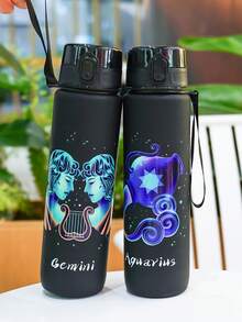 1pc 1000ml/32oz 12 Zodiac Pattern Plastic Drinking Cup, 12 Patterns Available, With Handle Strap For Easy Carrying, Leak-Proof Lid Design, Suitable For Outdoor Sports, Camping, Cycling, Great Gift Choice - Multicolor - View 3