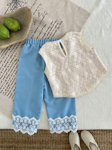 2pcs/Set Baby Girl Knitted Vest And Lace Trim Wide Leg Pants, Cute & Elegant Style - Apricot - View 2
