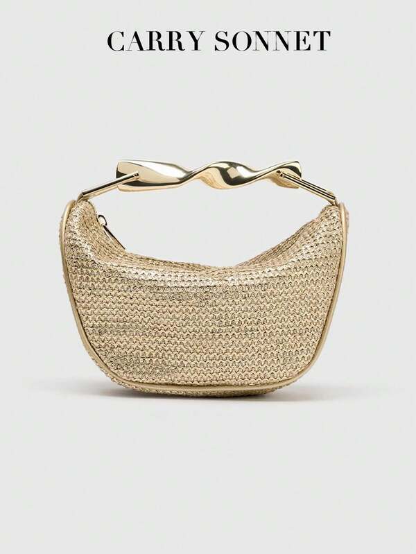 1pc Woven Bag, New Summer Design, Women Mini Crossbody Zipper Woven Bag, Straw Small Casual Handbag With Metal Handle, Perfect Accessory For Women Beach, Vacation, Holiday, Autumn, Winter, Essential Festival Item, Woven Bag, Beach Bags