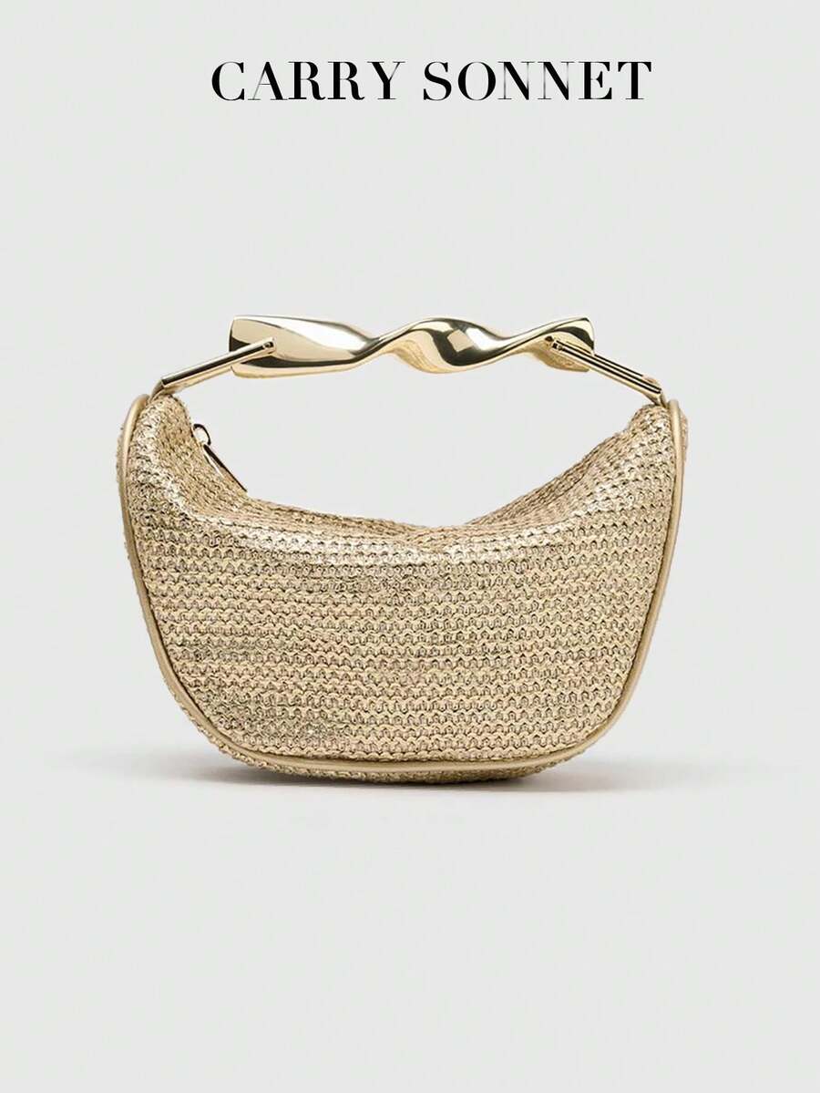 1个编织包，新款夏季设计，女士迷你斜挎拉链编织包，草编小巧休闲手提包，配金属手柄，是女士海滩、度假、假日、秋季、冬季的完美配饰，也是节日必备单品。 - 金色 - 查看 1