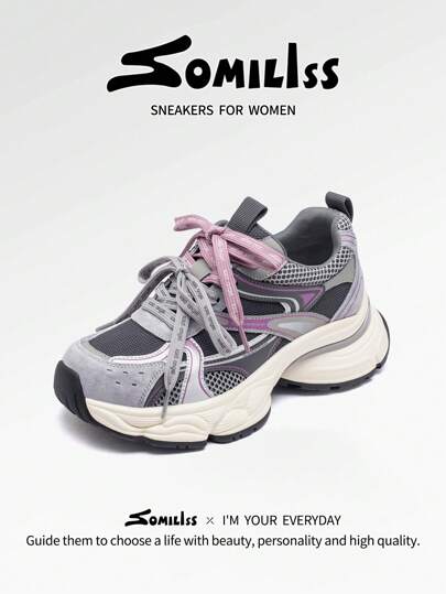 somiliss 5.5cm Platform Lace-Up Chunky Sneakers For Women, Breathable Mesh & PU Leather, Non-Slip Thick Sole, Comfortable Running Shoes, Fashionable Casual Outdoor Walking Shoes, Lightweight & Soft, Suitable For Commuting In Autumn, Grey Purple