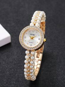 1pc Women's Pearl & Rhinestone Decorated Watch Band With Rhinestone Dial Elegant Quartz Bracelet Watch, Does Not Include Watch Box - 金色 - 查看 5