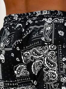 男士夏季拼色运动速干短裤，腰部抽绳，休闲沙滩短裤，佩斯利花卉印花，夏威夷 - 黑色 - 查看 7