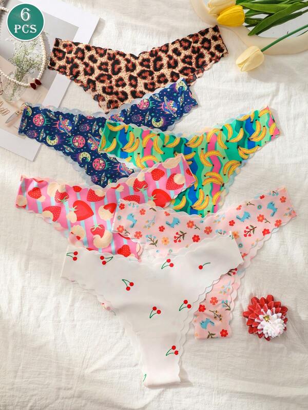 6 stuks/set schattige, naadloze stringslips met print voor dames, geschikt voor dagelijks gebruik, sport en yoga