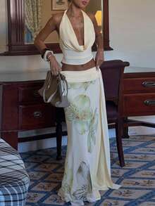 Women Lace Up Backless Halter Swing Collar Crop Top And Floral Print Side Slit Mesh Long Skirt Two Pieces Set Elegant Sexy Matching Outfit Summer - Light Yellow - View 4
