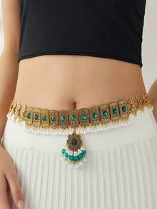 1pc Fashionable & Elegant Colorful Beaded Zinc Alloy Waist Chain, Suitable For Party, Beach Holiday, South Asian Style