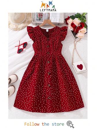 Left Mama Tween Girl Fresh Striped Cap Sleeve V-Neck Waist Cinched Waist Dress, Summer