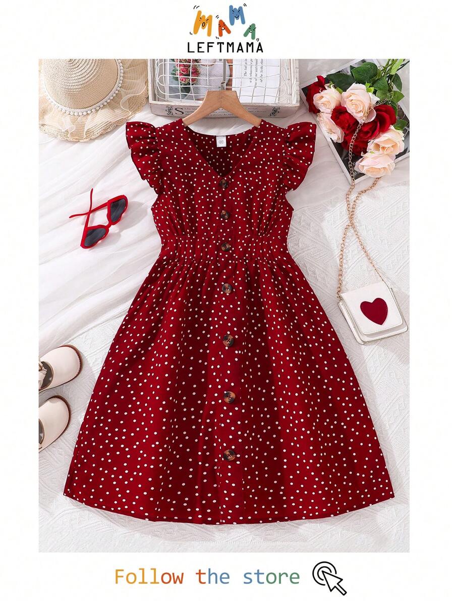 Left Mama Tween Girl 清新条纹盖袖 V 领收腰连衣裙，夏季 - 紅色 - 查看 1