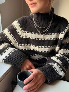 Gestreifter Strickpullover mit KontrastFarbblock, eleganter lässiger Streetstyle Rollkragenpullover für Damen mit Langarm, modischer Damen-Strickjacke mit Langarm, Herbst/Winter Material, Weiß/Rundhals Pullover/Langarm/Schulanfang/Einfarbig/Halloween/Schuloutfit//Basic/Süß/, Damen Schulanfang Mode, geeignet für Herbst/Winter Pendeln, Boho Damen Alltag Lässig, Strickpullover für den Herbst