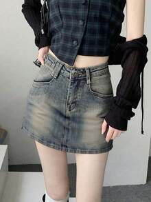 Chân váy ngắn chữ A denim cổ điển, dáng ôm body tôn dáng, thiết kế chống lộ hàng - Màu xanh lam - Xem 4