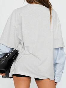 Women Fake Two-Piece Fall T-Shirts Loose Contrast Striped Long Sleeve Round Neck Oversized Tops Casual Streetwear - Grey - View 6