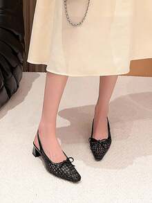 Xin Jing Shoes 女式高跟方头蝴蝶结编织时尚百搭踝带粗跟浅口鞋 - 黑色 - 查看 4