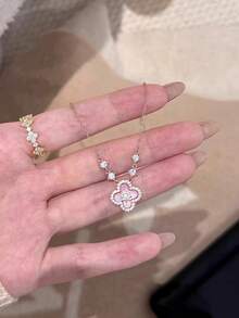 1 mặt dây chuyền hình cỏ bốn lá đính đá Zirconia, món quà trang sức tinh tế dành cho nữ (Không hộp và nhẫn) - Nhiều màu - Xem 1