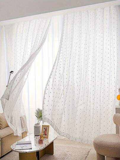1pc/2pcs Set Romantic Flocked Sheer Curtain, White 3D Ball Flocked Sheer Curtain, Sweet Romantic Semi-Transparent Voile Curtain For Living Room, Office, Home Decor,Fall Decor,Autumn Decor,Room Decor